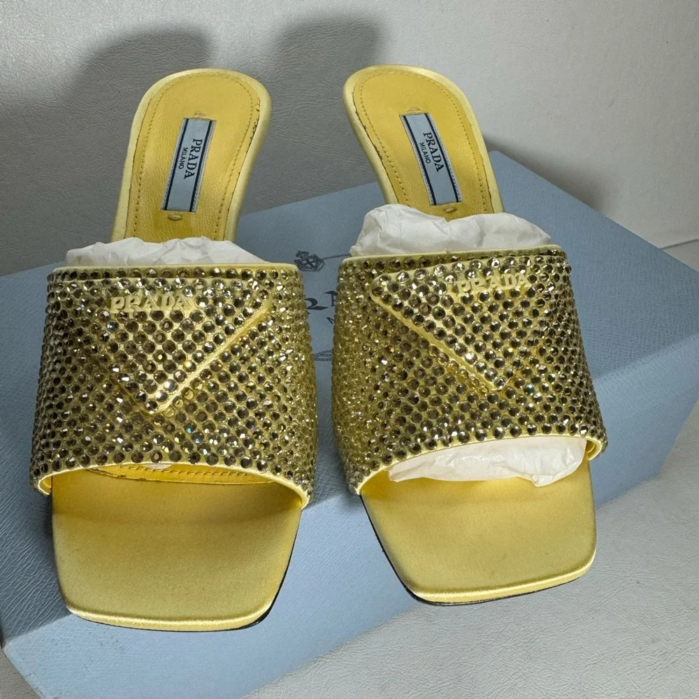 Prada Crystal-Covered Satin Sandals ananas casual summer wedding formal comfy